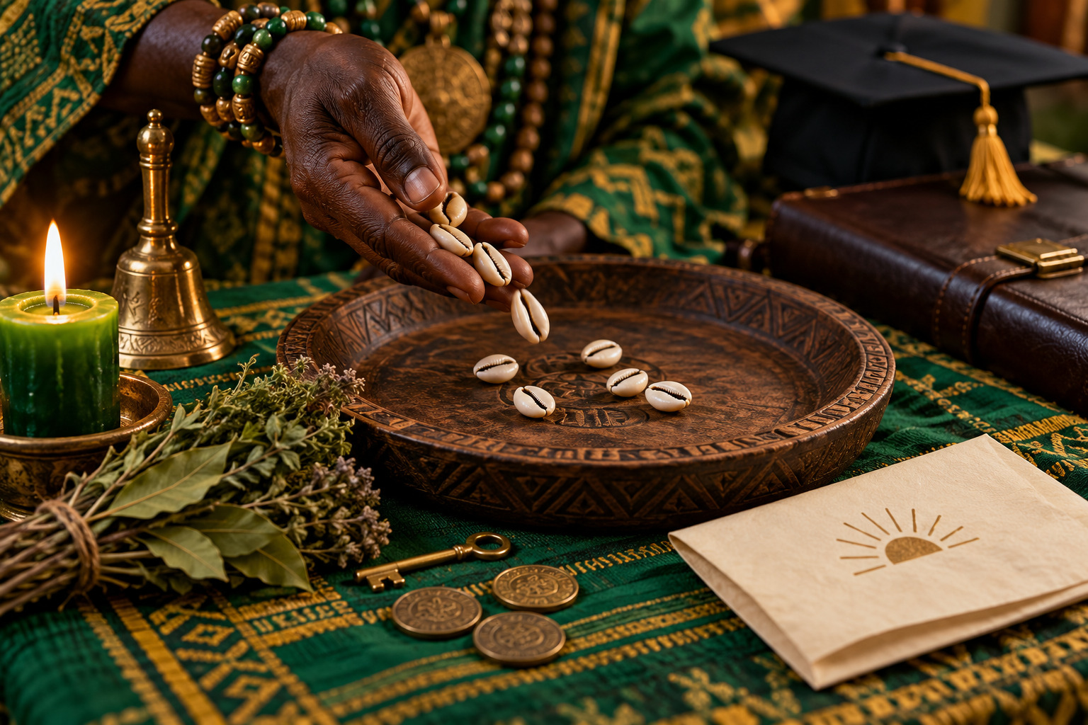Coquillages divinatoires, bougie verte, clé et pièces dans une scène de rituel de chance