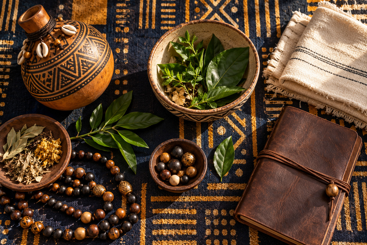 Calebasse, herbes, perles et étoffe tissée illustrant les rituels traditionnels africains