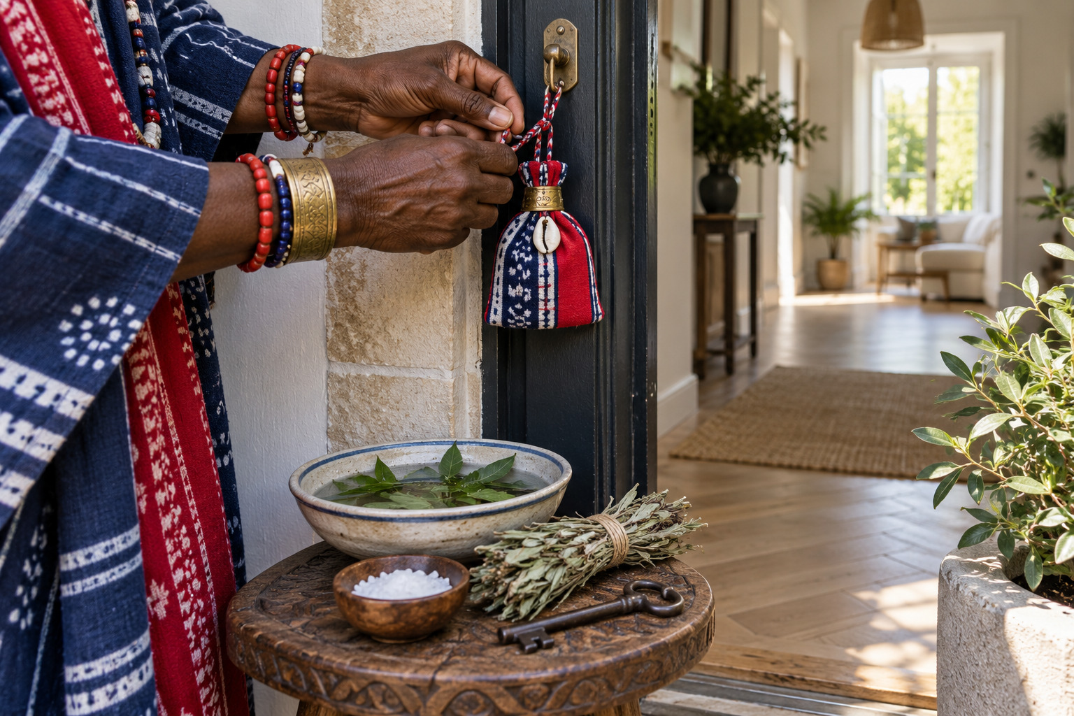 Talisman tissé au seuil d’une habitation, eau, herbes et sel illustrant une démarche de purification