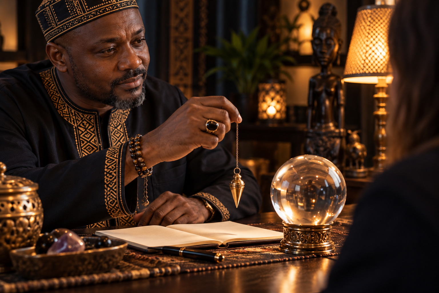 Pendule, boule de cristal et carnet dans une scène de consultation de voyance traditionnelle